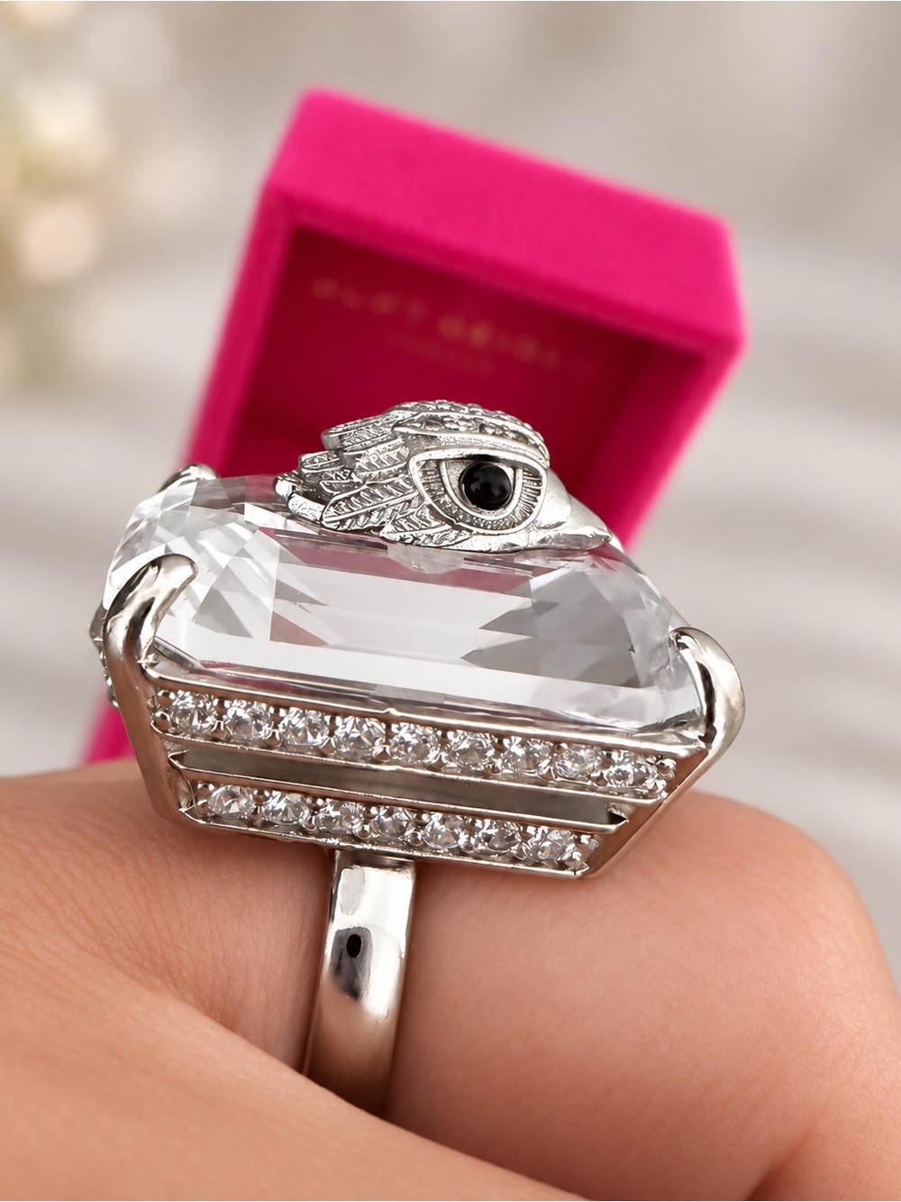 Kurt Geiger Clear Crystal Shield Eagle Head Ring with Silver Accents
